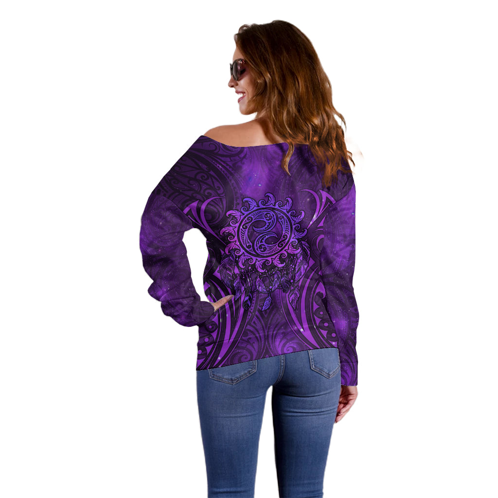 New Zealand Dream Catcher Off Shoulder Sweater Maori Koru Pattern Purple Version LT05 - Polynesian Pride
