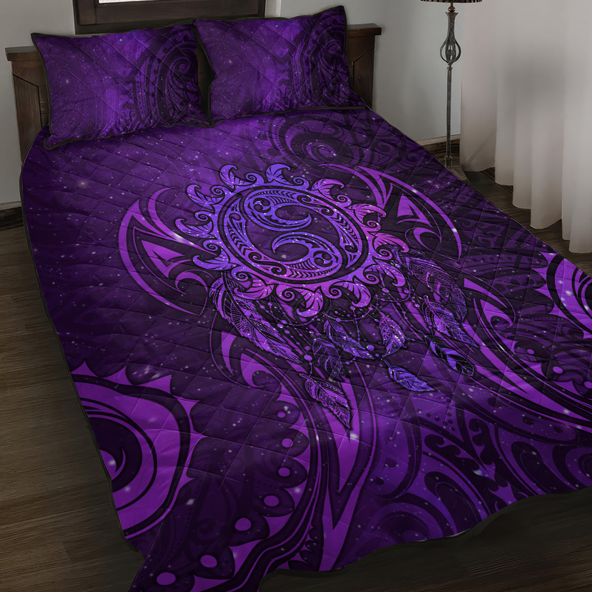 New Zealand Dream Catcher Quilt Bed Set Maori Koru Pattern Purple Version