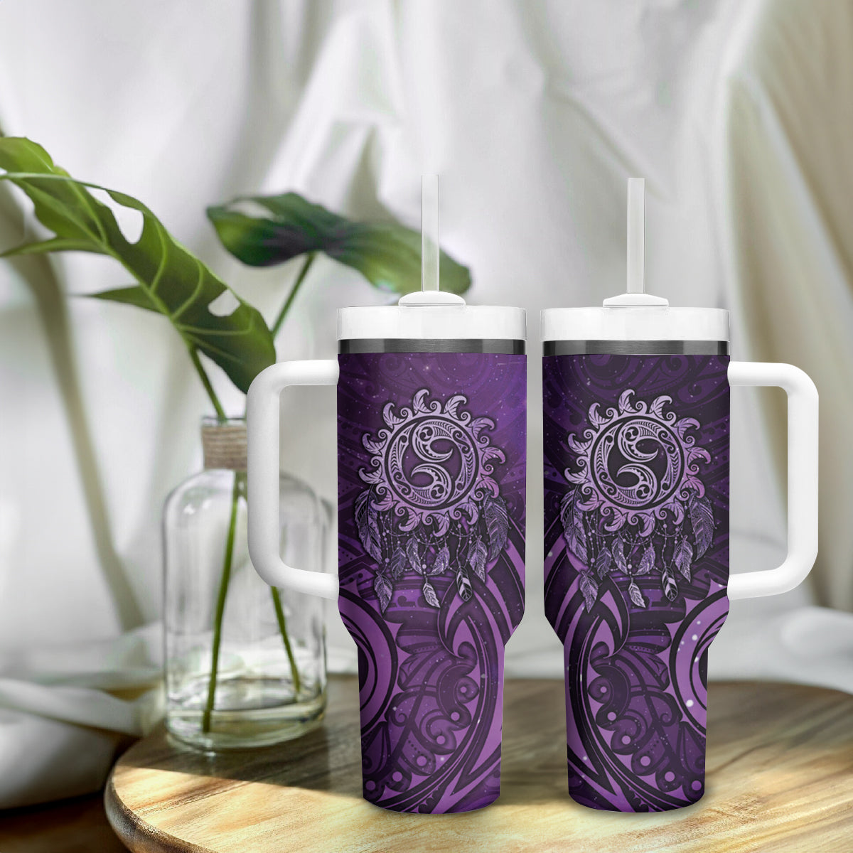 New Zealand Dream Catcher Tumbler With Handle Maori Koru Pattern Purple Version LT05 - Polynesian Pride