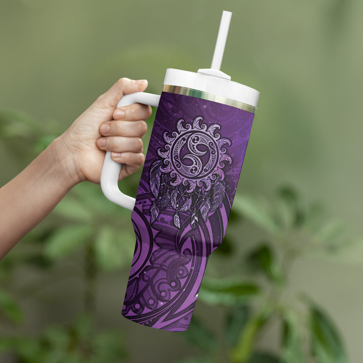 New Zealand Dream Catcher Tumbler With Handle Maori Koru Pattern Purple Version LT05 - Polynesian Pride