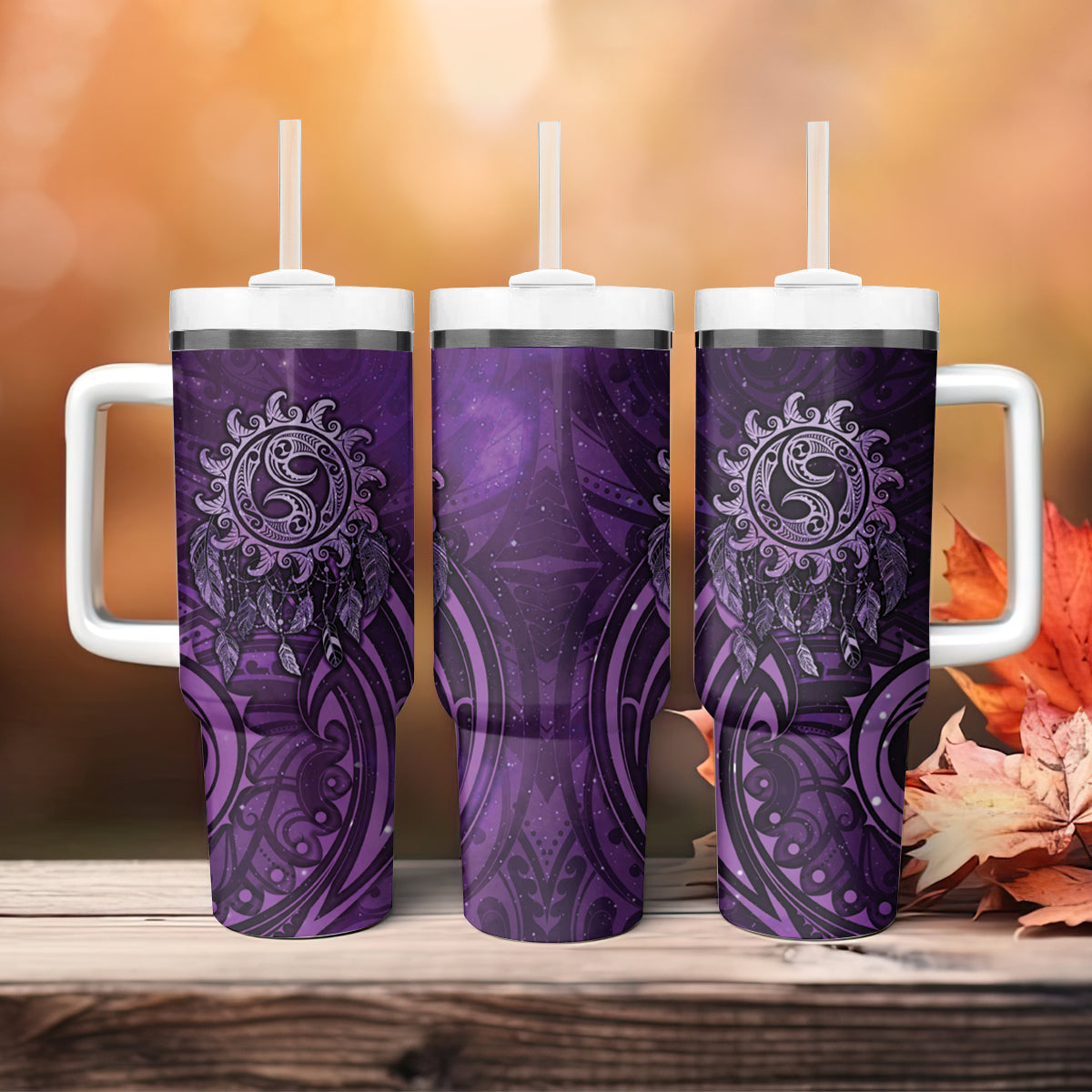 New Zealand Dream Catcher Tumbler With Handle Maori Koru Pattern Purple Version LT05 - Polynesian Pride