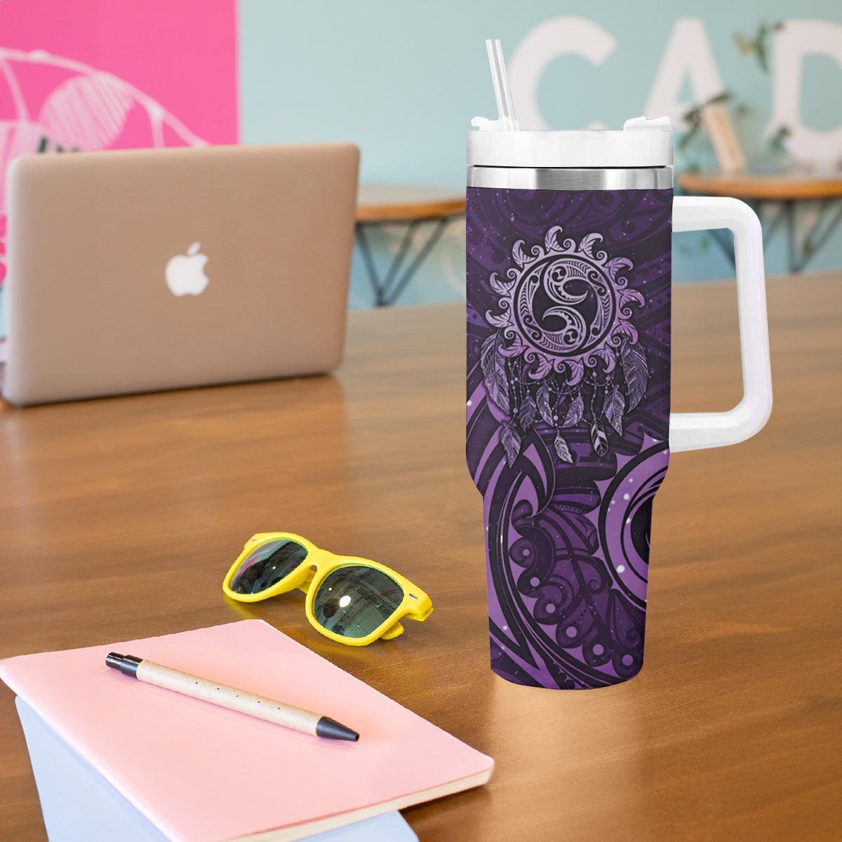 New Zealand Dream Catcher Tumbler With Handle Maori Koru Pattern Purple Version LT05 - Polynesian Pride