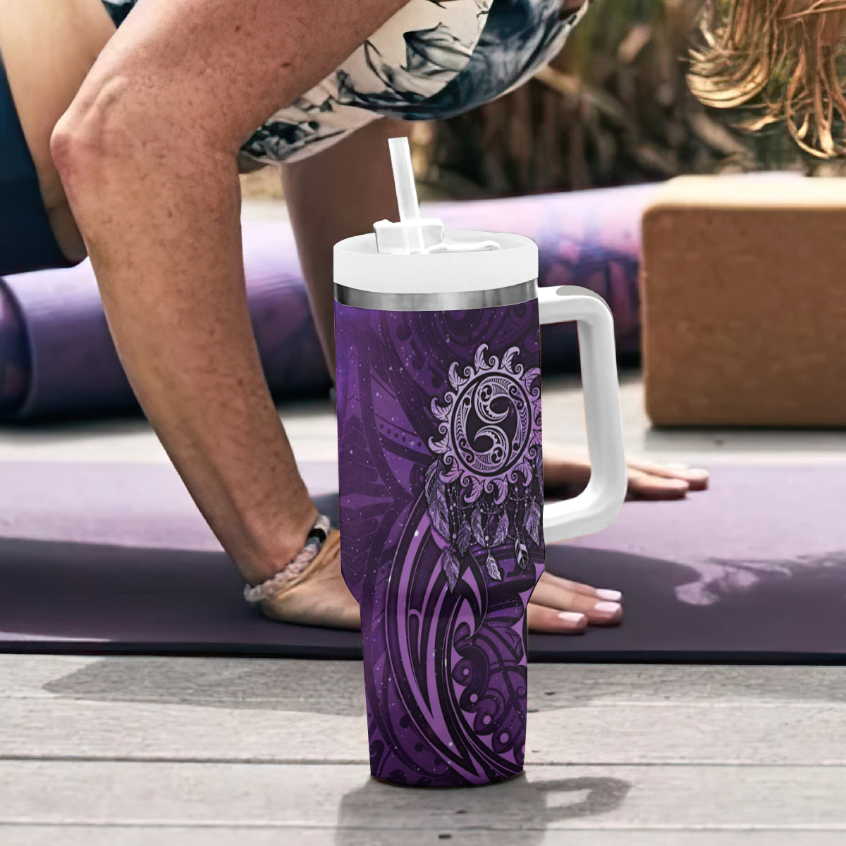 New Zealand Dream Catcher Tumbler With Handle Maori Koru Pattern Purple Version LT05 - Polynesian Pride