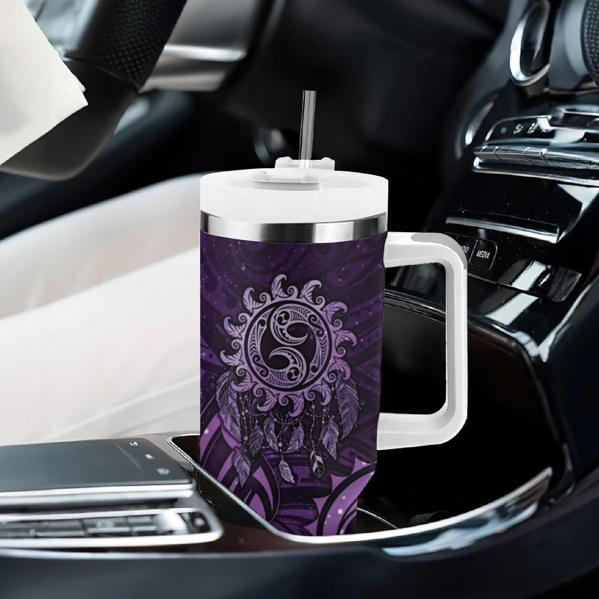 New Zealand Dream Catcher Tumbler With Handle Maori Koru Pattern Purple Version LT05 - Polynesian Pride