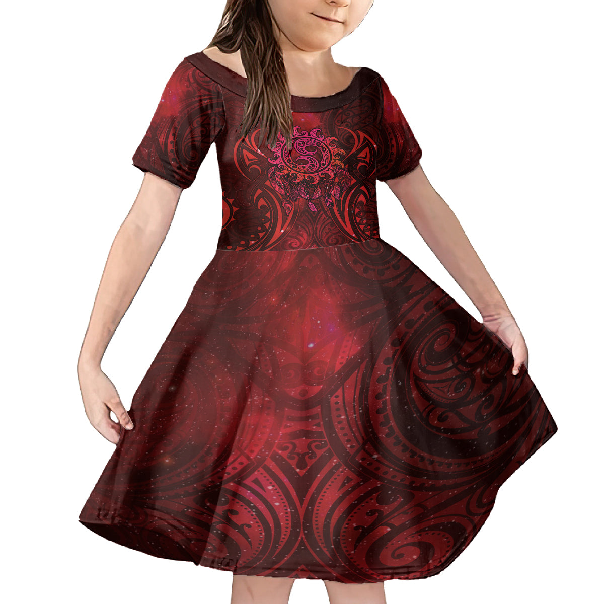 New Zealand Dream Catcher Kid Short Sleeve Dress Maori Koru Pattern Red Version LT05 KID Red - Polynesian Pride