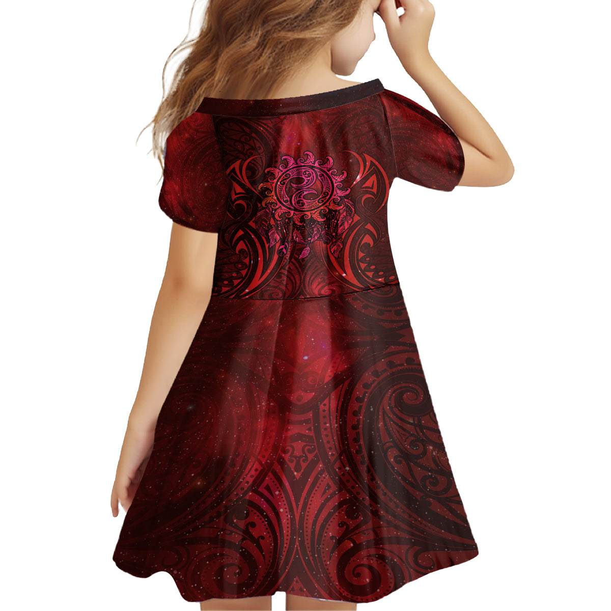 New Zealand Dream Catcher Kid Short Sleeve Dress Maori Koru Pattern Red Version LT05 - Polynesian Pride