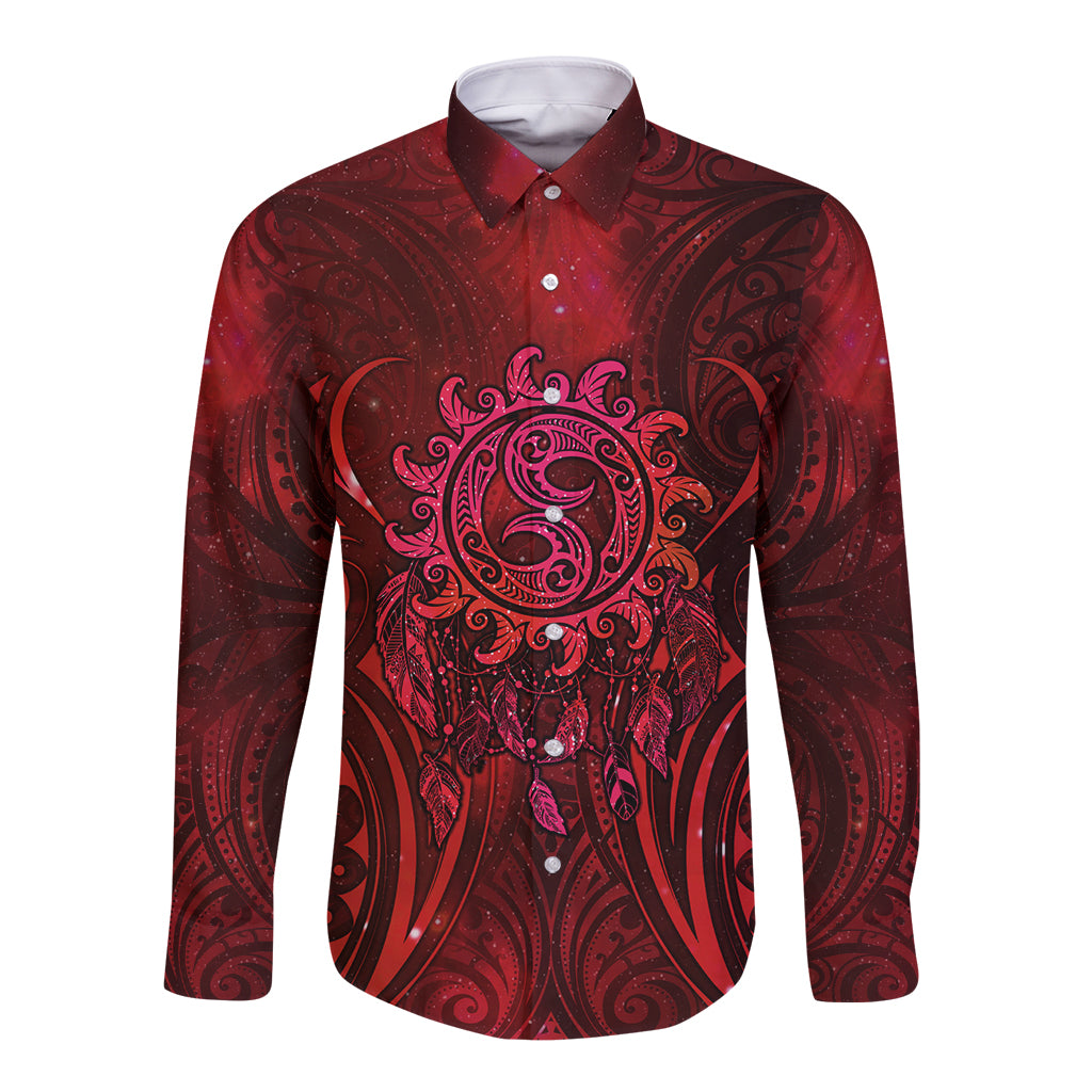 New Zealand Dream Catcher Long Sleeve Button Shirt Maori Koru Pattern Red Version LT05 Unisex Red - Polynesian Pride