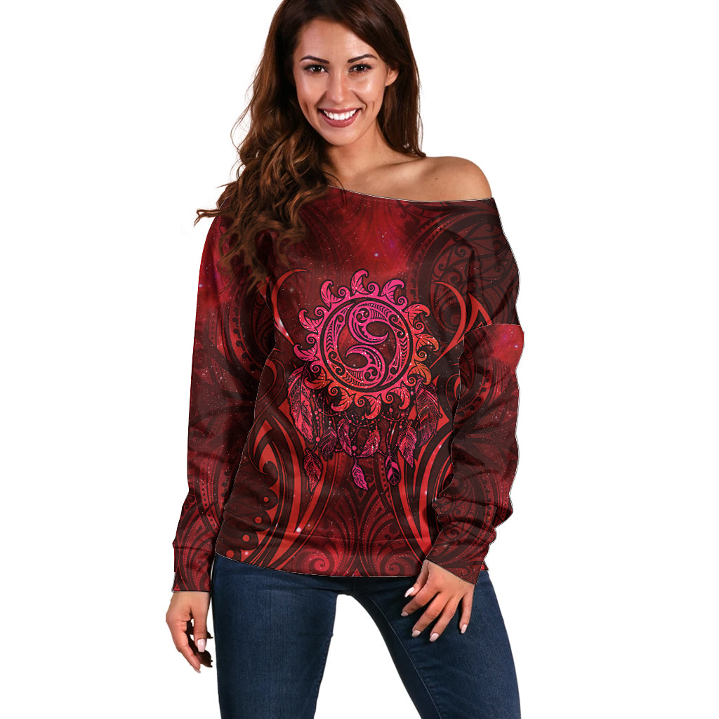 New Zealand Dream Catcher Off Shoulder Sweater Maori Koru Pattern Red Version LT05 Women Red - Polynesian Pride