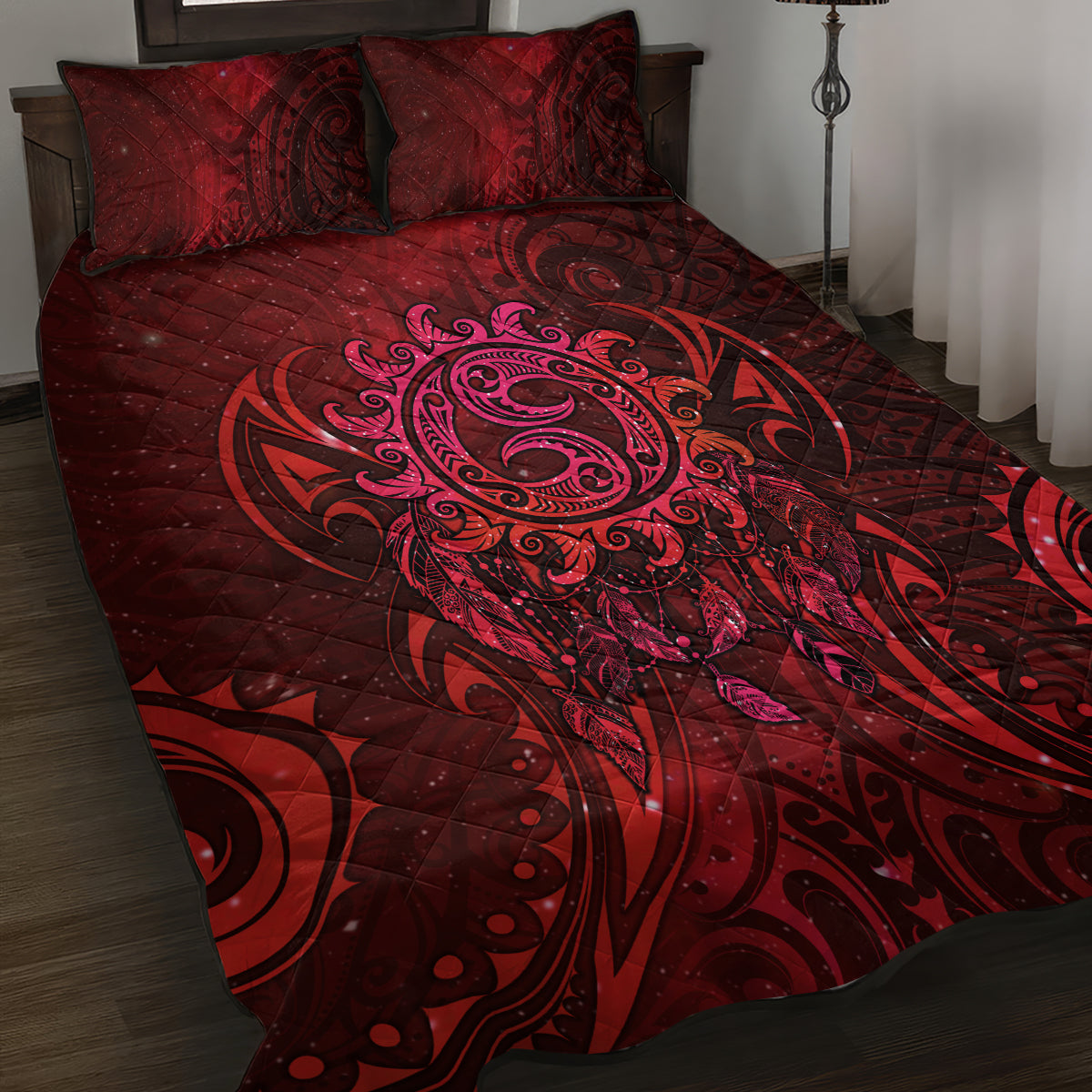 New Zealand Dream Catcher Quilt Bed Set Maori Koru Pattern Red Version