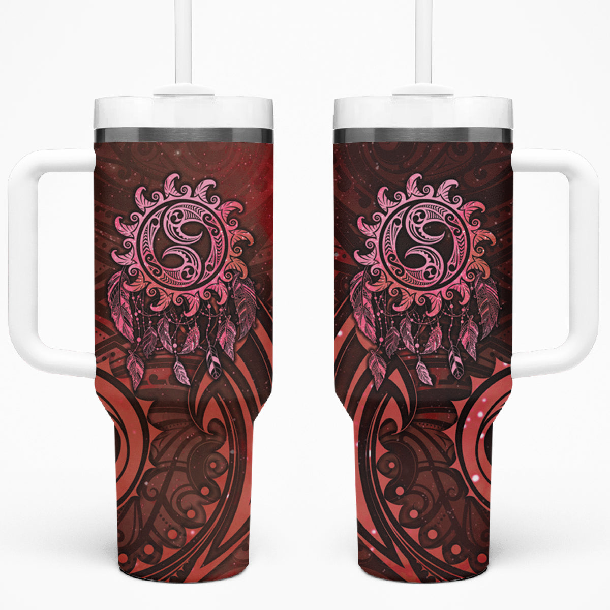 New Zealand Dream Catcher Tumbler With Handle Maori Koru Pattern Red Version LT05 One Size: 40 oz Red - Polynesian Pride