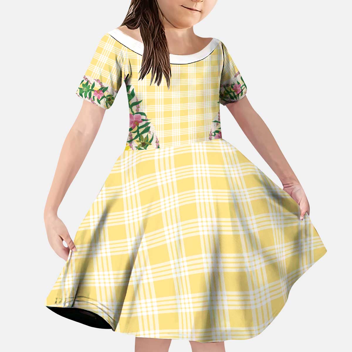 Hawaii Pikake Lokelani Plumeria Lei Kid Short Sleeve Dress Yellow Palaka Motifs LT05 KID Yellow - Polynesian Pride