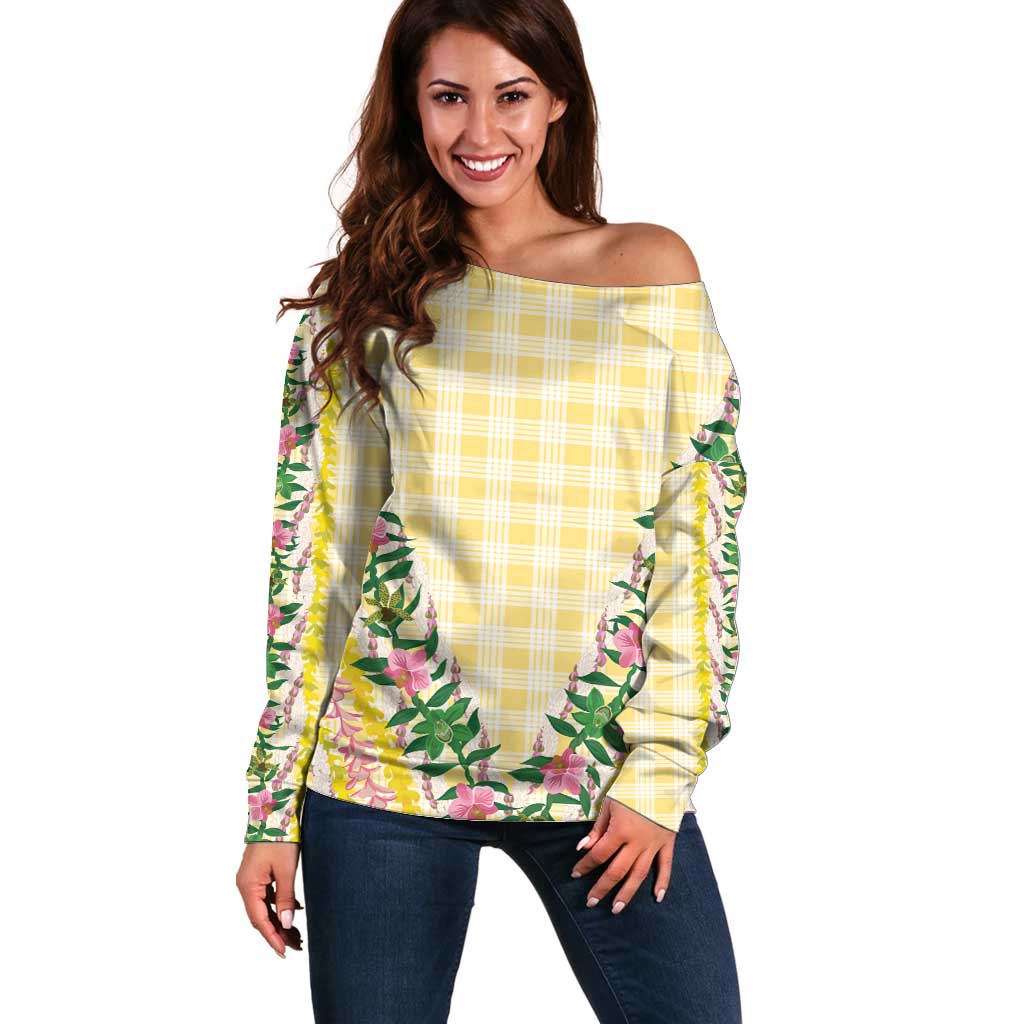 Hawaii Pikake Lokelani Plumeria Lei Off Shoulder Sweater Yellow Palaka Motifs LT05 Women Yellow - Polynesian Pride