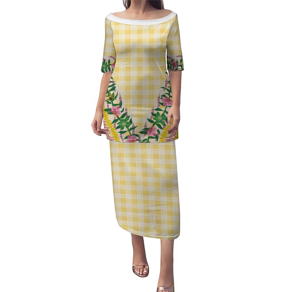 Hawaii Pikake Lokelani Plumeria Lei Puletasi Yellow Palaka Motifs LT05 Long Dress Yellow - Polynesian Pride
