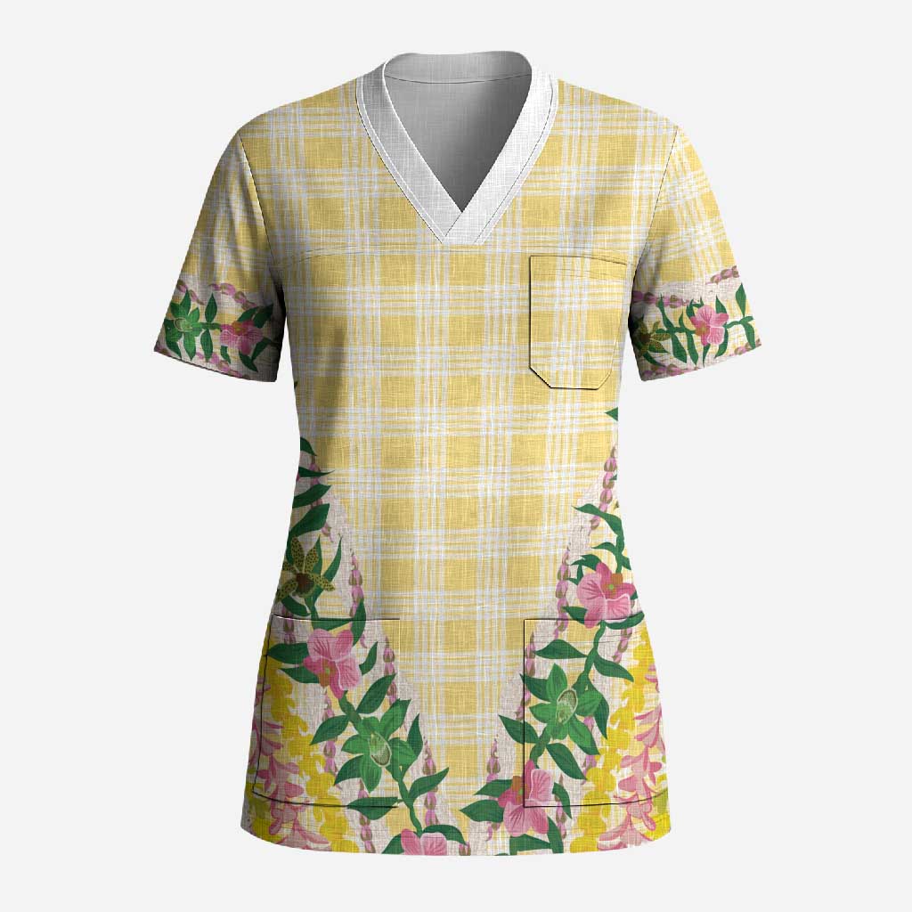 Hawaii Pikake Lokelani Plumeria Lei Scrub Top Yellow Palaka Motifs LT05 Adult Yellow - Polynesian Pride