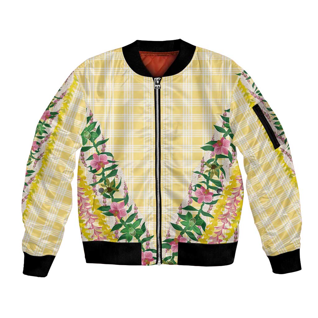 Hawaii Pikake Lokelani Plumeria Lei Sleeve Zip Bomber Jacket Yellow Palaka Motifs LT05 Unisex Yellow - Polynesian Pride