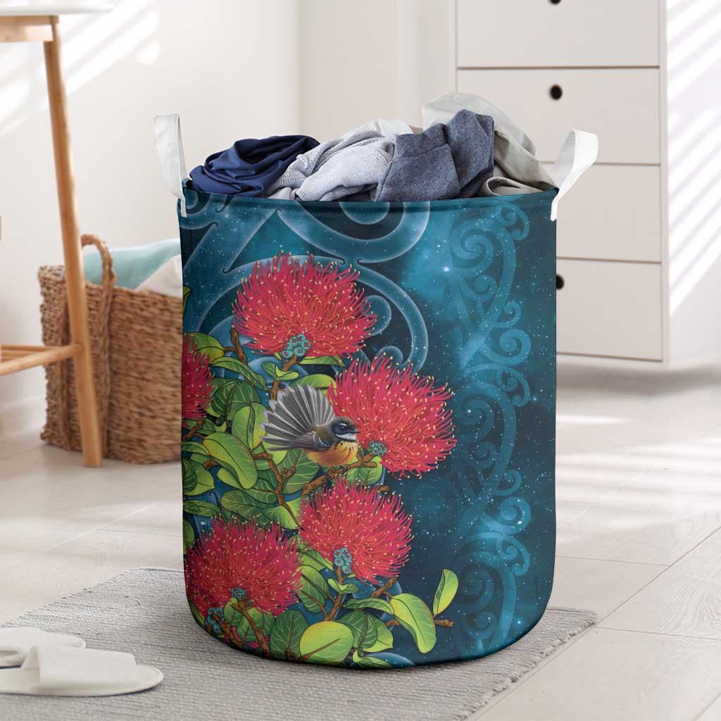 New Zealand Matariki Piwakawaka Laundry Basket Maori Koru With Pohutukawa Flowers LT05 Dark Teal - Polynesian Pride