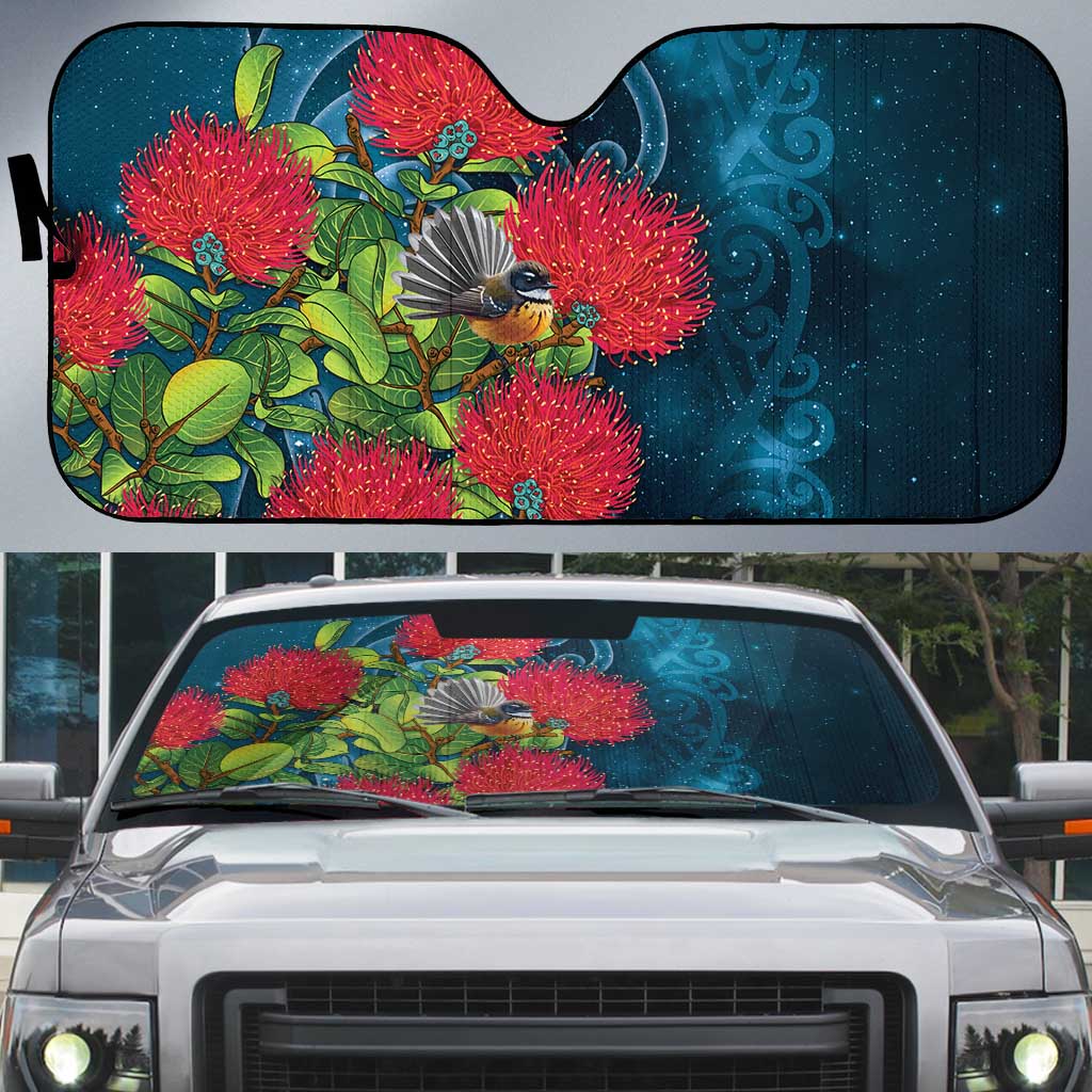 New Zealand Matariki Piwakawaka Auto Sun Shade Maori Koru With Pohutukawa Flowers LT05 Dark Teal - Polynesian Pride