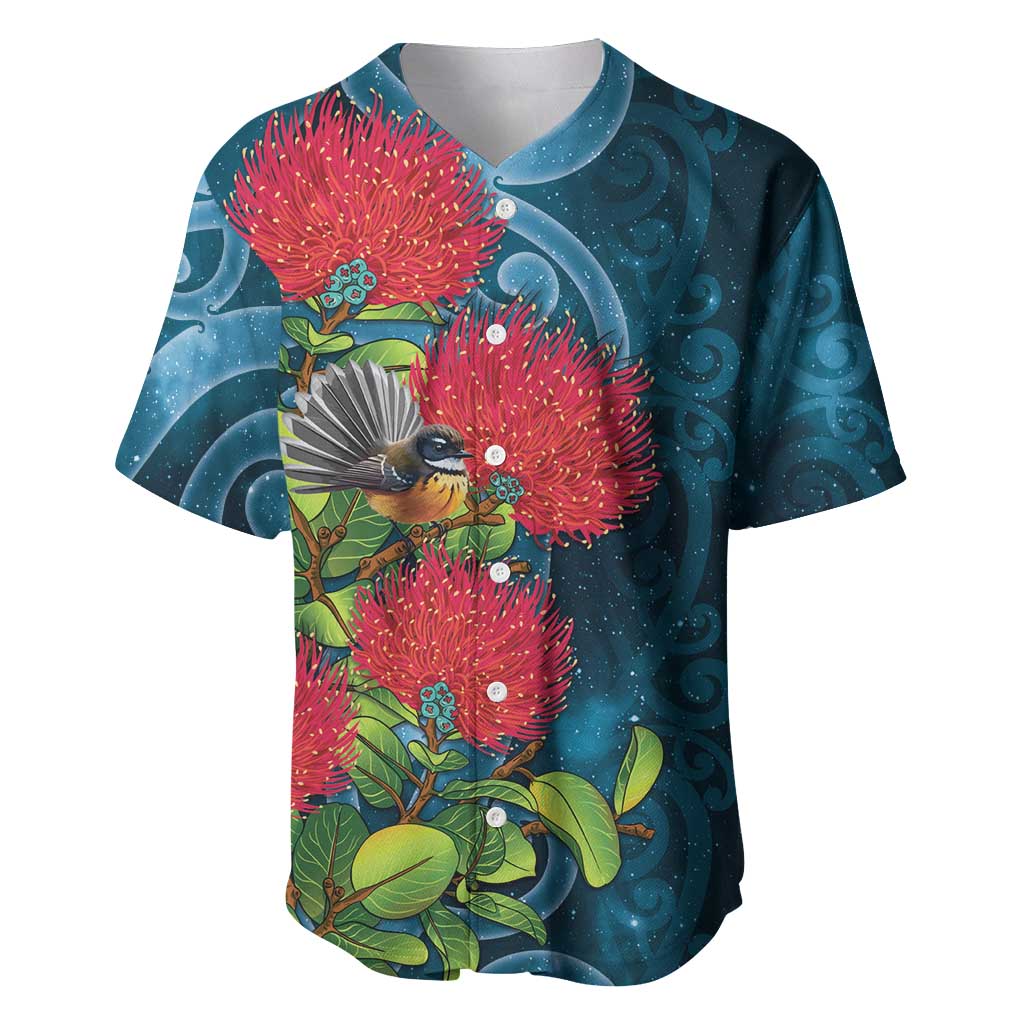 New Zealand Matariki Piwakawaka Baseball Jersey Maori Koru With Pohutukawa Flowers LT05 Dark Teal - Polynesian Pride