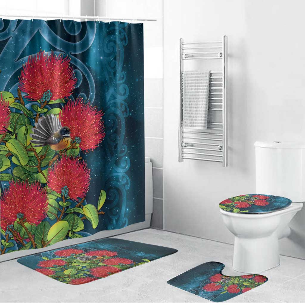 New Zealand Matariki Piwakawaka Bathroom Set Maori Koru With Pohutukawa Flowers LT05 Bathroom Set (4 pcs) Dark Teal - Polynesian Pride