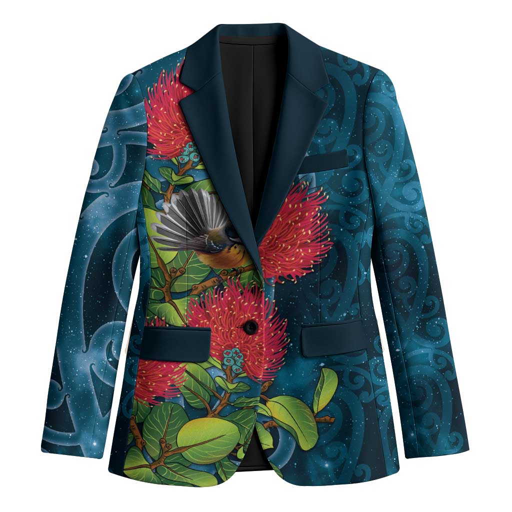 New Zealand Matariki Piwakawaka Blazer Maori Koru With Pohutukawa Flowers LT05 Unisex Dark Teal - Polynesian Pride