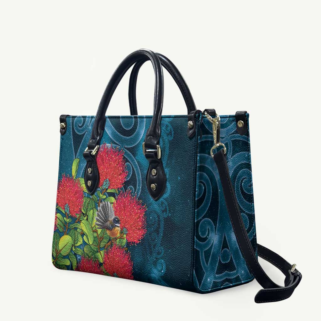 New Zealand Matariki Piwakawaka Leather Bag Maori Koru With Pohutukawa Flowers LT05 Dark Teal - Polynesian Pride