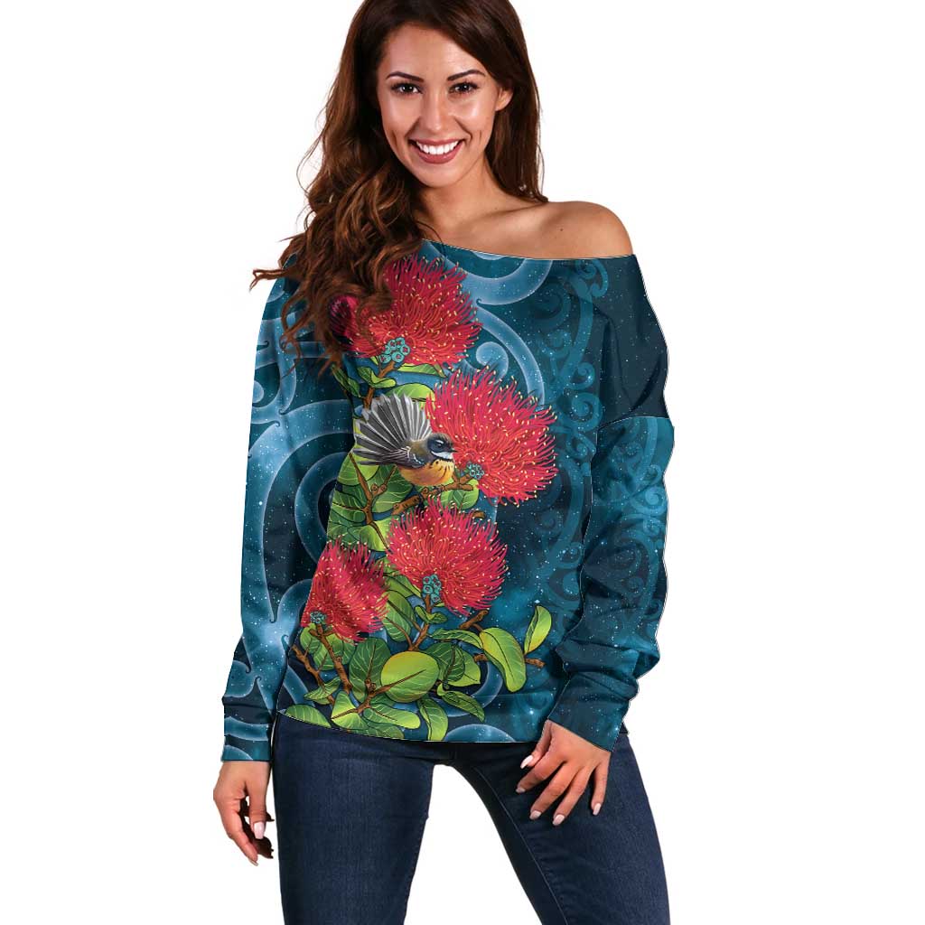 New Zealand Matariki Piwakawaka Off Shoulder Sweater Maori Koru With Pohutukawa Flowers LT05 Women Dark Teal - Polynesian Pride