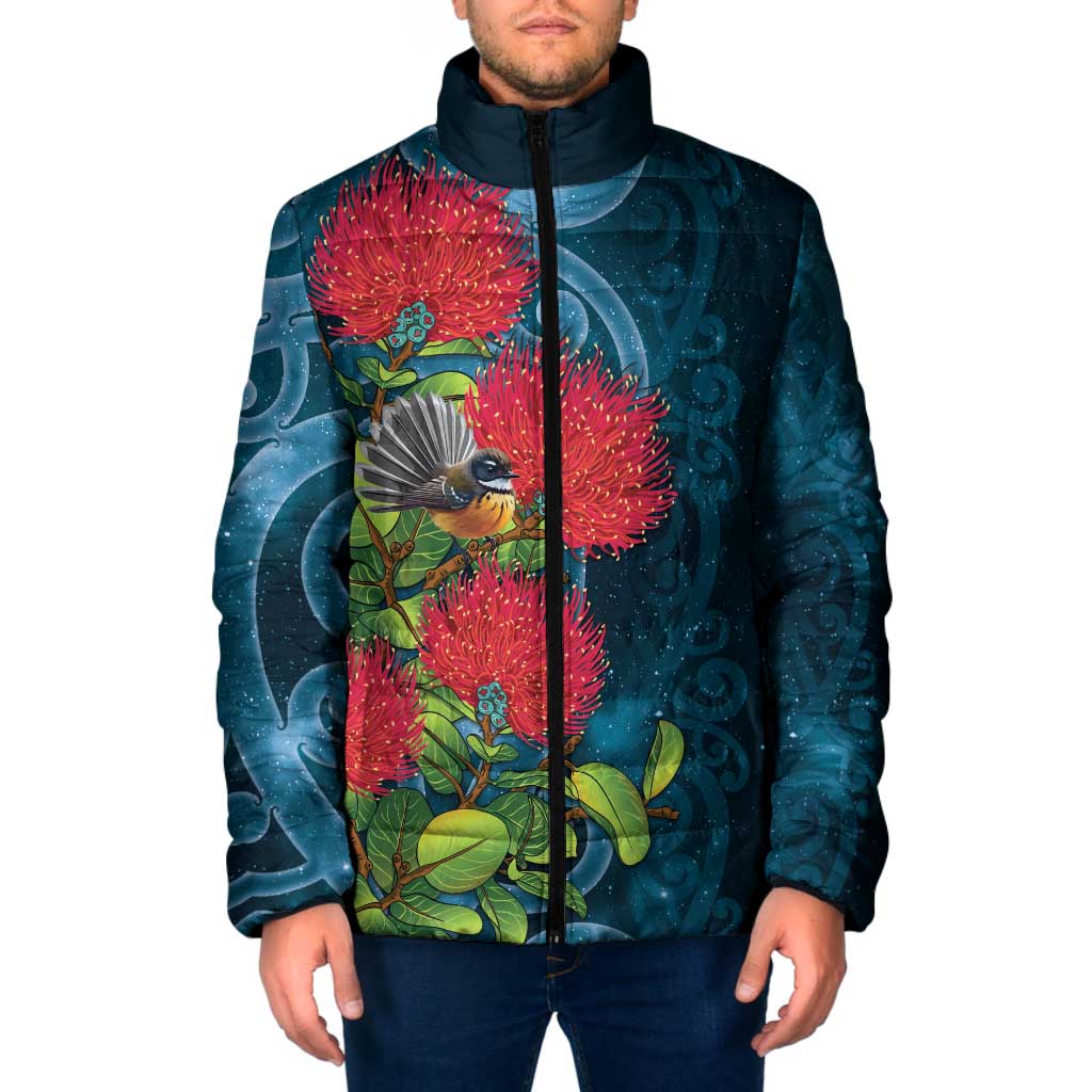 New Zealand Matariki Piwakawaka Padded Jacket Maori Koru With Pohutukawa Flowers LT05 Men Dark Teal - Polynesian Pride