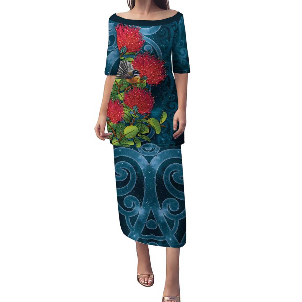 New Zealand Matariki Piwakawaka Puletasi Maori Koru With Pohutukawa Flowers LT05 Long Dress Dark Teal - Polynesian Pride