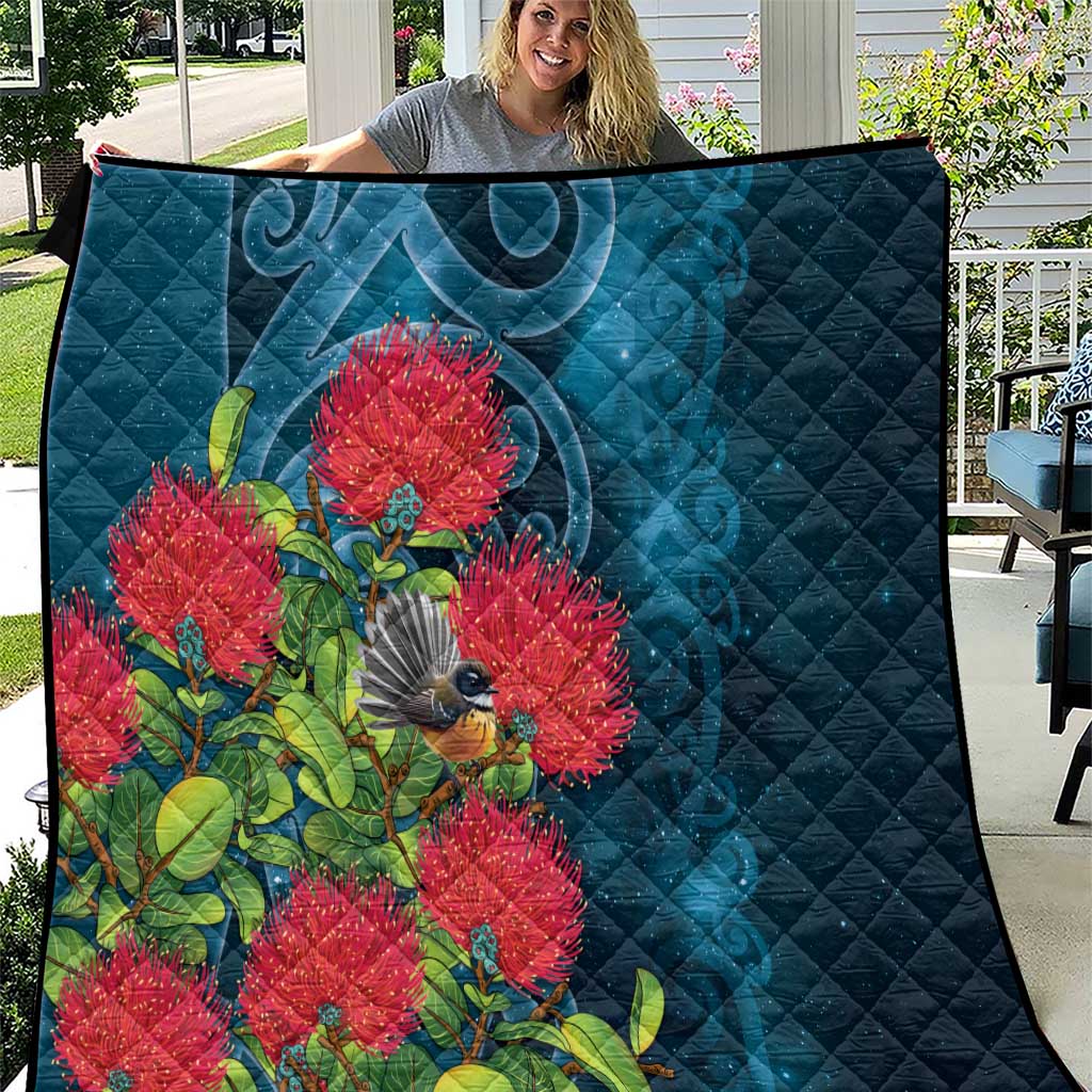 New Zealand Matariki Piwakawaka Quilt Maori Koru With Pohutukawa Flowers LT05 Dark Teal - Polynesian Pride