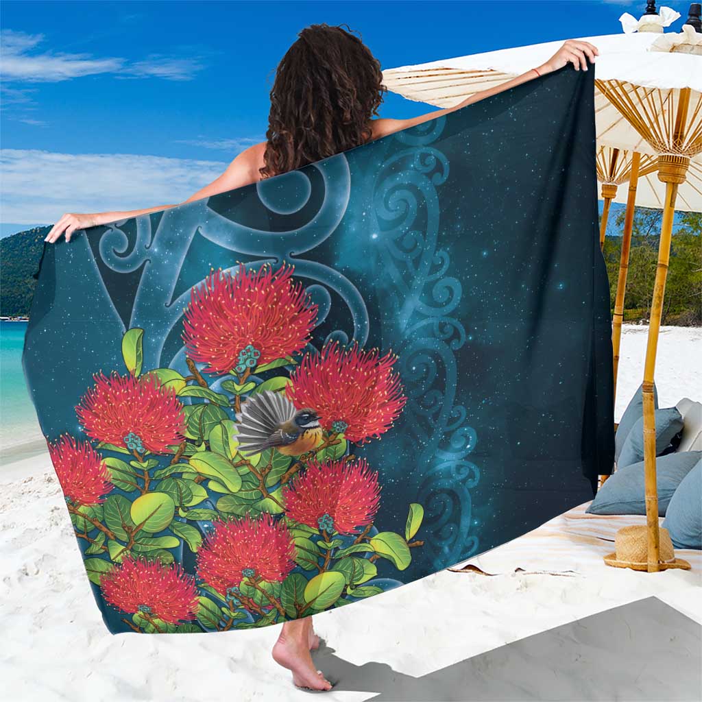 New Zealand Matariki Piwakawaka Sarong Maori Koru With Pohutukawa Flowers LT05 One Size 44 x 66 inches Dark Teal - Polynesian Pride