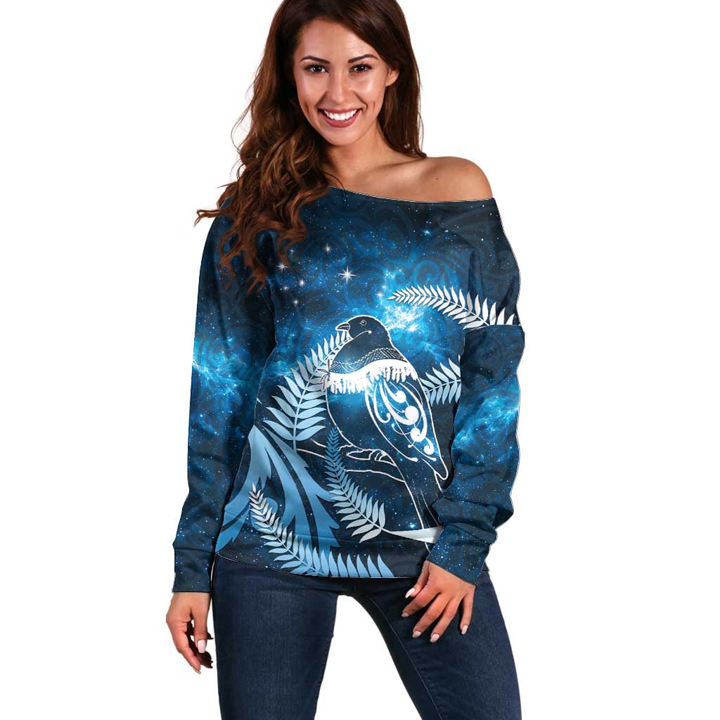 New Zealand Matariki Off Shoulder Sweater Pigeon Kereru Maori Fern Art LT05 Women Blue - Polynesian Pride