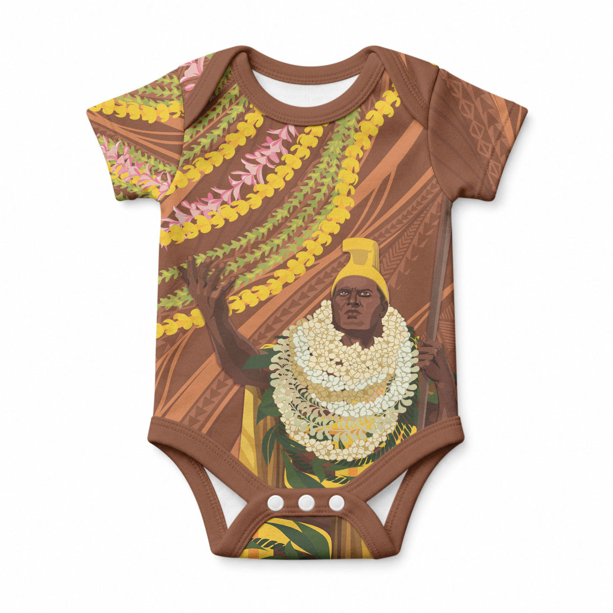 Hawaii King Kamehameha Baby Onesie Hawaiian Kakau Pattern With Leis LT05 Brown - Polynesian Pride