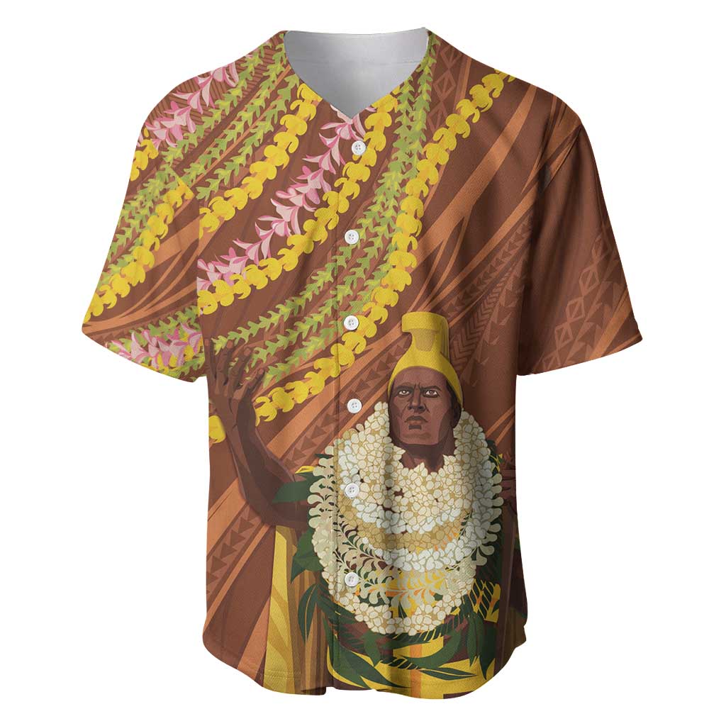 Hawaii King Kamehameha Baseball Jersey Hawaiian Kakau Pattern With Leis LT05 Brown - Polynesian Pride