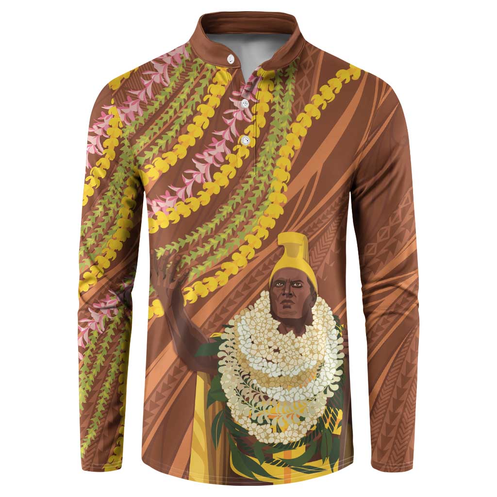 Hawaii King Kamehameha Button Sweatshirt Hawaiian Kakau Pattern With Leis LT05 Brown - Polynesian Pride