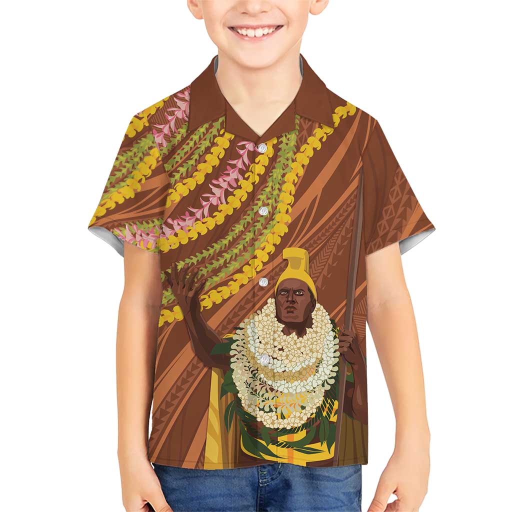 Hawaii King Kamehameha Kid Hawaiian Shirt Hawaiian Kakau Pattern With Leis LT05 Kid Brown - Polynesian Pride