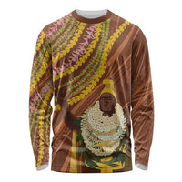 Hawaii King Kamehameha Long Sleeve Shirt Hawaiian Kakau Pattern With Leis LT05 Unisex Brown - Polynesian Pride