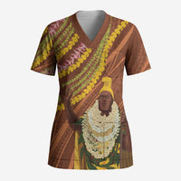 Hawaii King Kamehameha Scrub Top Hawaiian Kakau Pattern With Leis LT05 Adult Brown - Polynesian Pride