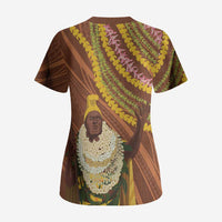 Hawaii King Kamehameha Scrub Top Hawaiian Kakau Pattern With Leis LT05 - Polynesian Pride