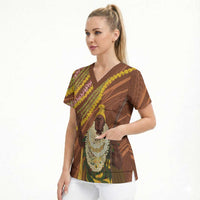 Hawaii King Kamehameha Scrub Top Hawaiian Kakau Pattern With Leis LT05 - Polynesian Pride