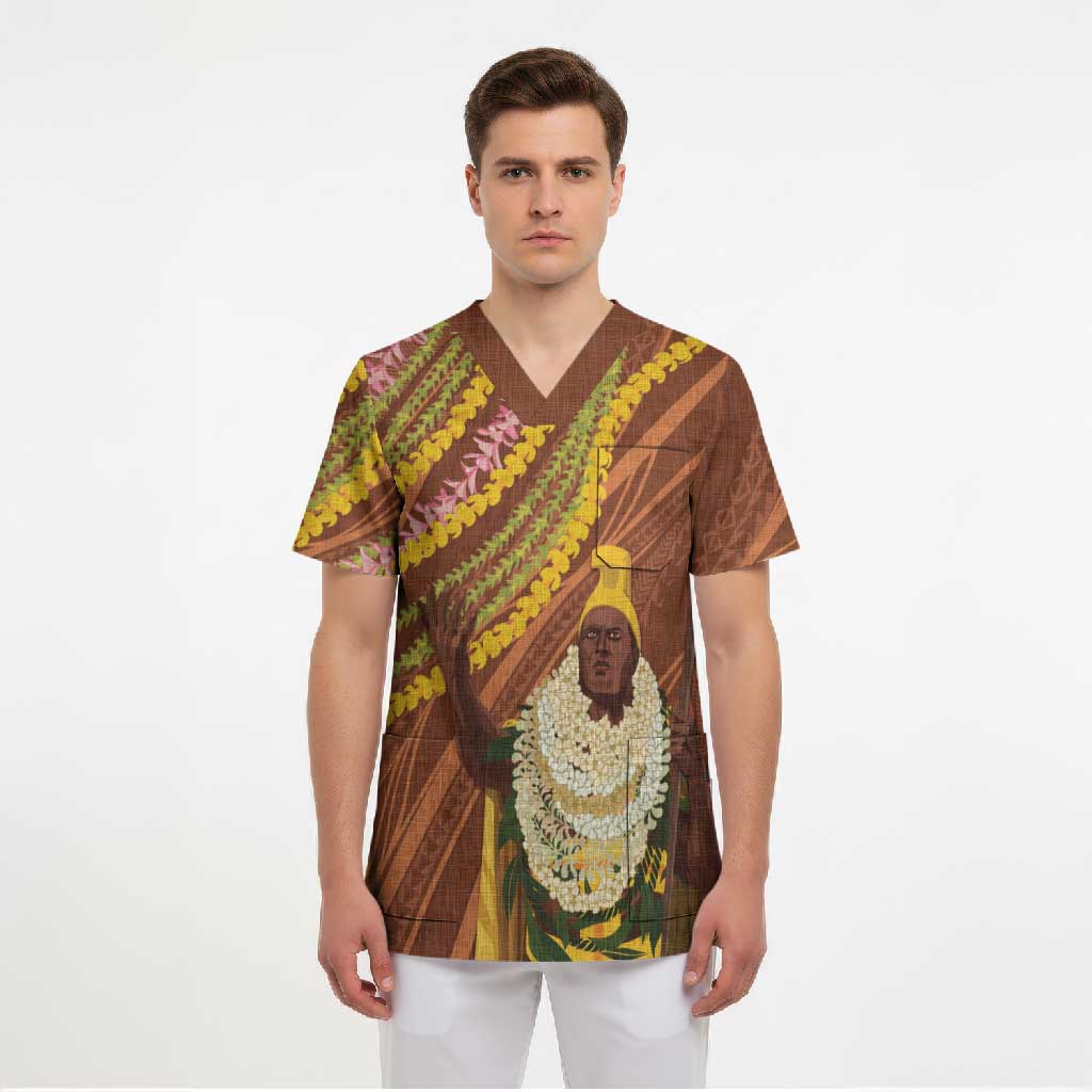 Hawaii King Kamehameha Scrub Top Hawaiian Kakau Pattern With Leis LT05 - Polynesian Pride