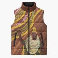 Hawaii King Kamehameha Sleeveless Puffer Jacket Hawaiian Kakau Pattern With Leis LT05 Unisex Brown - Polynesian Pride