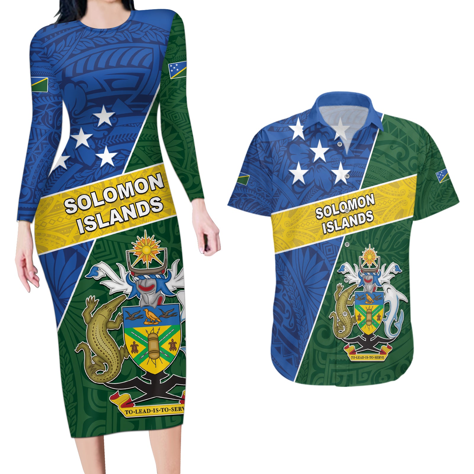 Personalised Solomon Islands Independence Day Couples Matching Long Sleeve Bodycon Dress and Hawaiian Shirt With Coat Of Arms