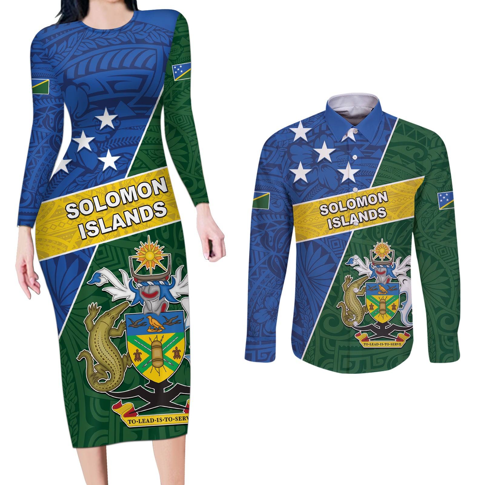 Personalised Solomon Islands Independence Day Couples Matching Long Sleeve Bodycon Dress and Long Sleeve Button Shirt With Coat Of Arms