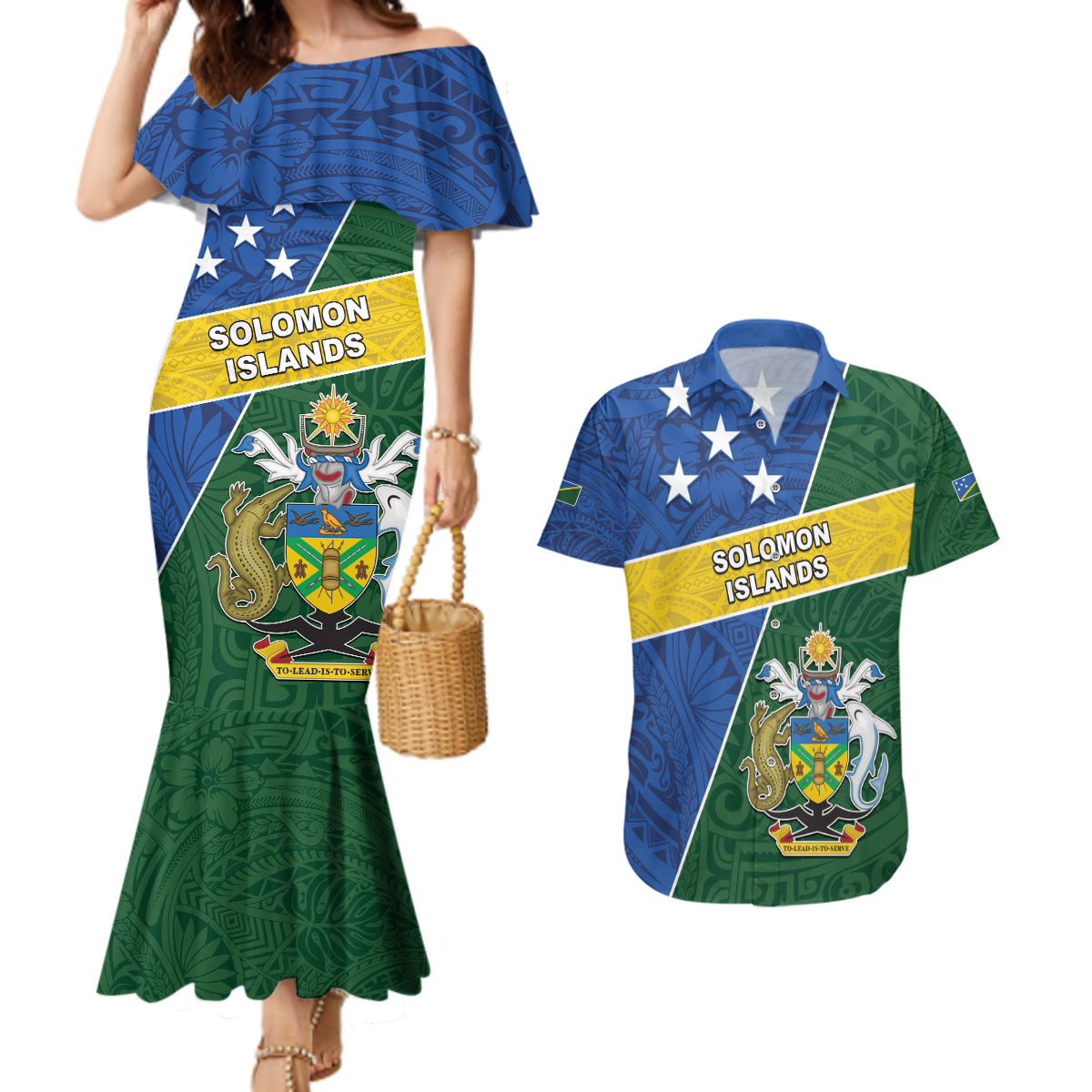 Personalised Solomon Islands Independence Day Couples Matching Mermaid Dress and Hawaiian Shirt With Coat Of Arms