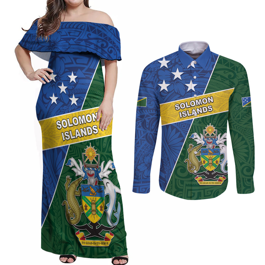 Personalised Solomon Islands Independence Day Couples Matching Off Shoulder Maxi Dress and Long Sleeve Button Shirt With Coat Of Arms