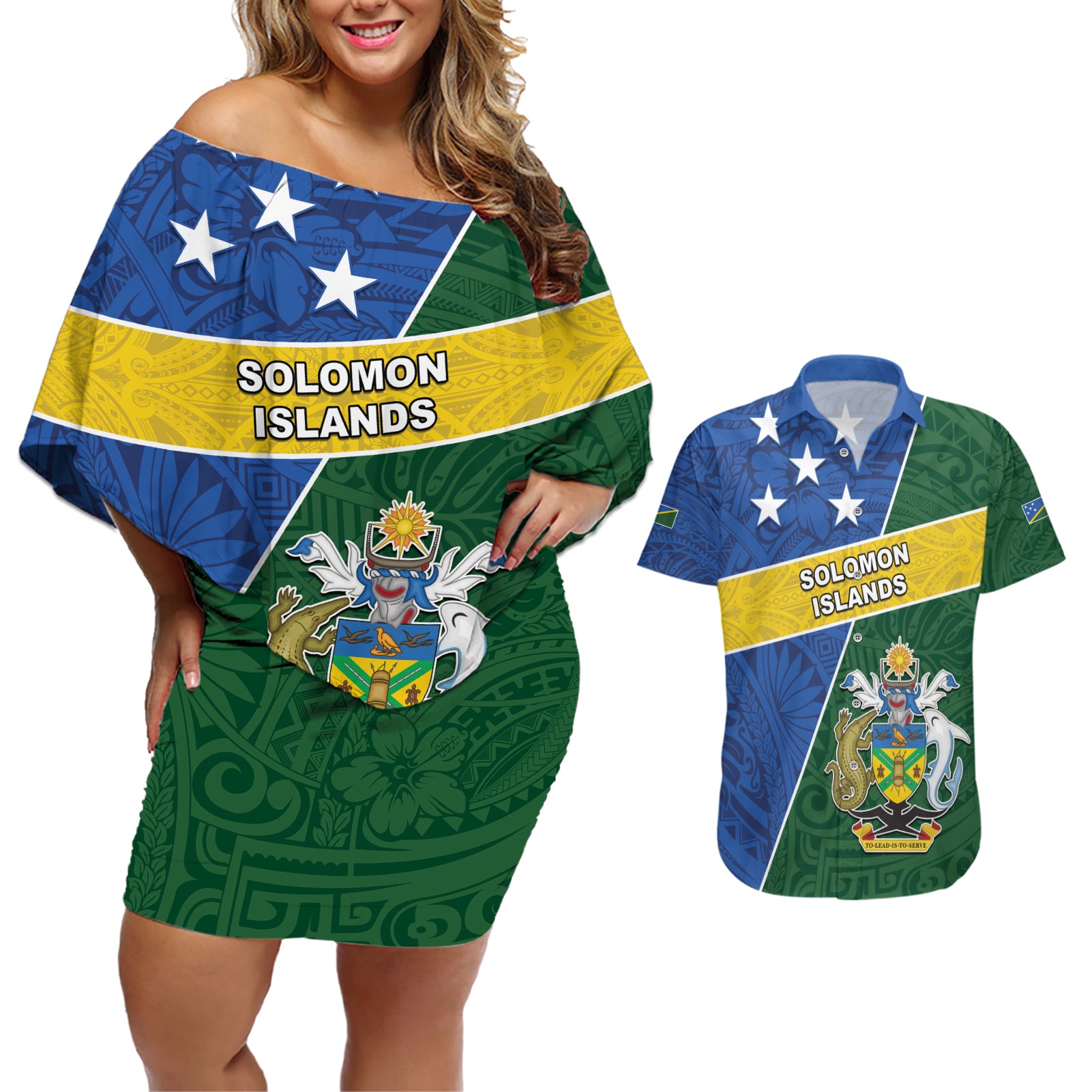 Personalised Solomon Islands Independence Day Couples Matching Off Shoulder Short Dress and Hawaiian Shirt With Coat Of Arms