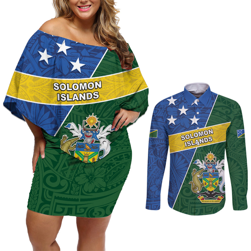 Personalised Solomon Islands Independence Day Couples Matching Off Shoulder Short Dress and Long Sleeve Button Shirt With Coat Of Arms