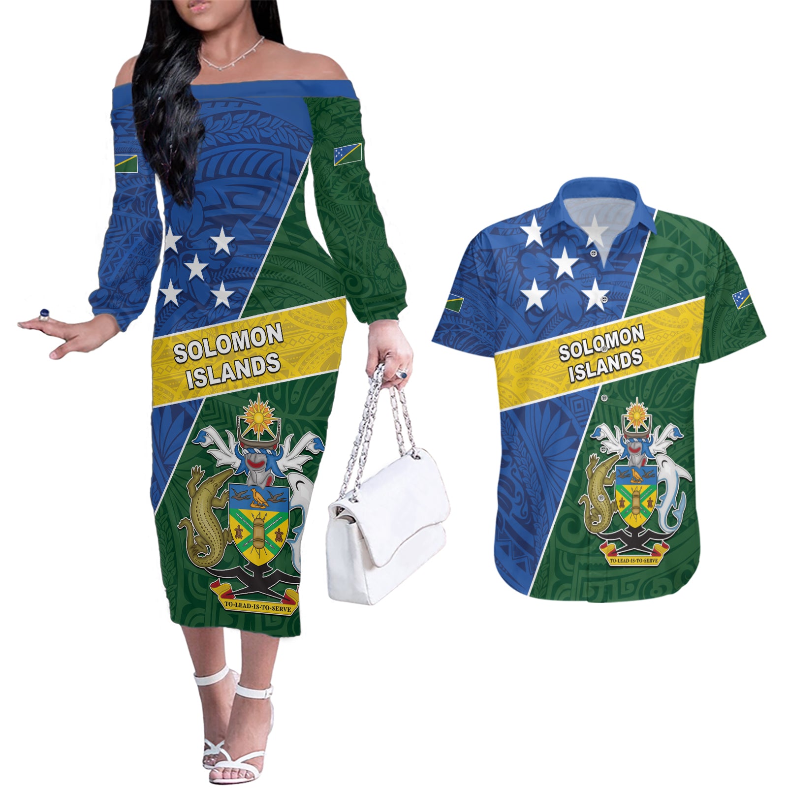 Personalised Solomon Islands Independence Day Couples Matching Off The Shoulder Long Sleeve Dress and Hawaiian Shirt With Coat Of Arms