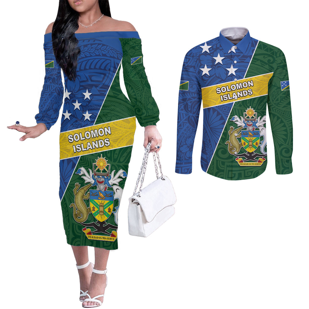 Personalised Solomon Islands Independence Day Couples Matching Off The Shoulder Long Sleeve Dress and Long Sleeve Button Shirt With Coat Of Arms