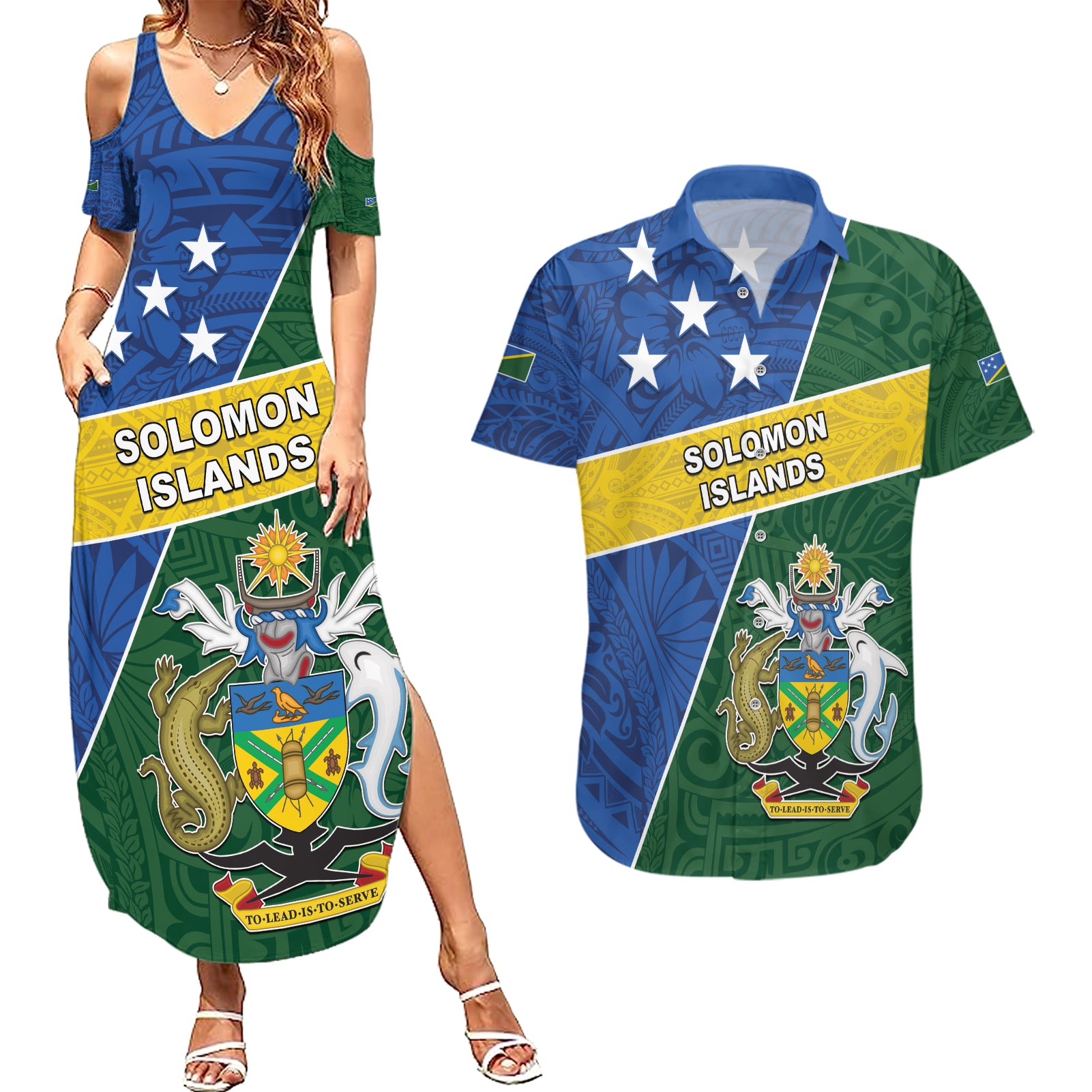 Personalised Solomon Islands Independence Day Couples Matching Summer Maxi Dress and Hawaiian Shirt With Coat Of Arms